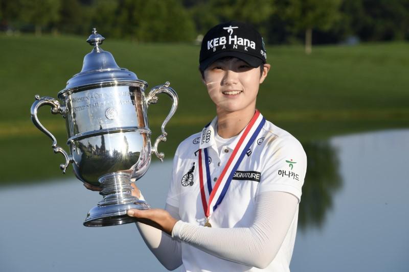 Jul 16, 2017; Bedminster, NJ, USA; Sung Hyun Park poses with the U.S. Women's Open Championship trophy after winning the final round of the U.S. Women's Open golf tournament at Trump National Golf Club-New Jersey. Mandatory Credit: Kyle Terada-USA TODAY Sports