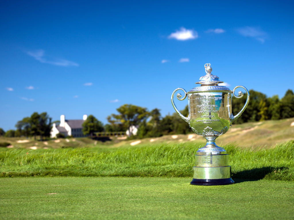 SHEBOYGAN, WI - SEPTEMBER 14: The Rodman Wanamaker Trophy at Whistling Straits Golf Course in Sheboygan, WI, USA, the future site of the 97th PGA Championship on September 14, 2014. (Photo by Montana Pritchard/The PGA of America)
