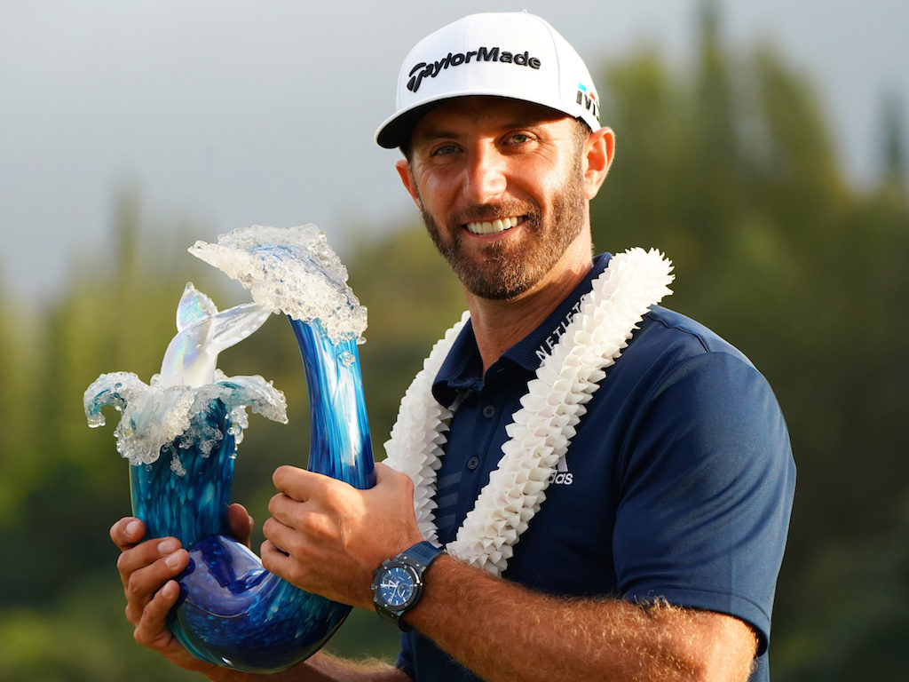 LAHAINA, HI - JANUARY 07: Dustin Johnson of United States celerbates after winning the Sentry Tournament of Champions at Plantation Course at Kapalua Golf Club on January 7, 2018 in Lahaina, Hawaii. (Photo by Masterpress/Getty Images)