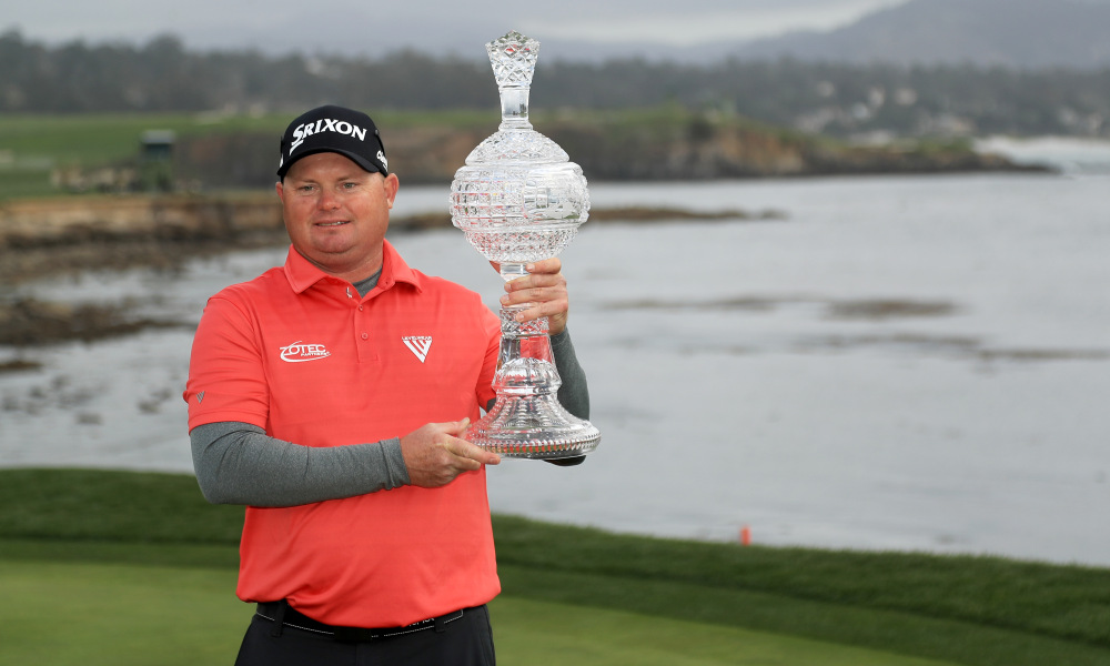 PEBBLE BEACH, CA - FEBRUARY 11: Ted Potter Jr. poses with the trophy after winning the AT&T Pebble Beach Pro-Am at Pebble Beach Golf Links on February 11, 2018 in Pebble Beach, California. (Photo by Mike Ehrmann/Getty Images)